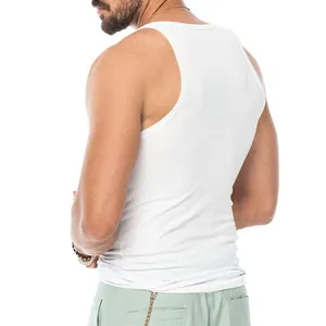 Detailed back view of a white men's slim fit elastic sports tank top for gym training