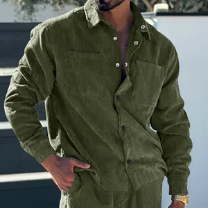 Men's casual olive green corduroy shirt jacket with long sleeves and front pockets