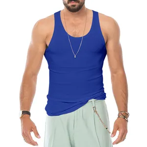 Athletic royal blue men's ribbed tank top with slim fit design for bodybuilding