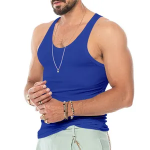 Close-up detail of a royal blue slim-fit ribbed men's sports tank top for bodybuilding