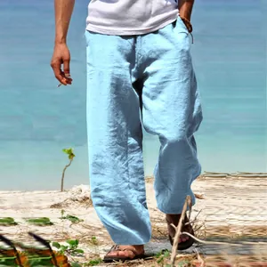 Détail du pantalon décontracté pour homme en coton et lin bleu clair coupe ample