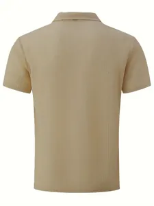 Rear view of a men's heavy casual polo shirt with waffle textured fabric in khaki