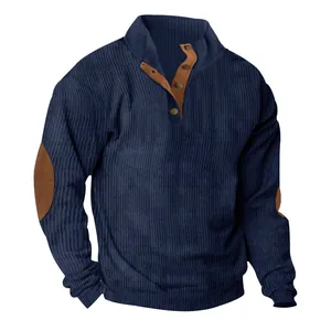 Men's navy blue outdoor corduroy sweatshirt with brown elbow patches and button collar