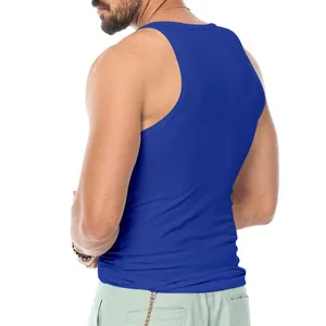 Detailed back view of a royal blue slim fit athletic tank top for men in summer