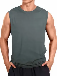Close-up front view of men's quick-dry sleeveless athletic vest in dark grey charcoal