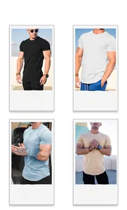 Color options for men's muscle fit gym T-shirt in black, white, blue, and khaki.