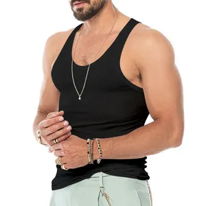 Close-up detail of a men's black slim fit sports tank top with ribbed texture on model