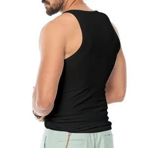 Rear view of a men's slim fit black ribbed tank top highlighting the athletic fit.