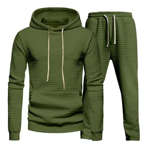 Men's casual 2-piece waffle knit hoodie and sweatpants set in stylish army green