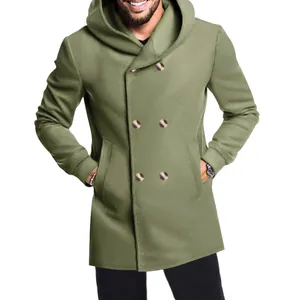 Close-up of olive green men's hooded slim-fit mid-length trench coat with double buttons
