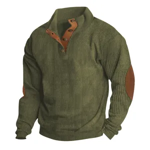 Men's olive green ribbed corduroy sweatshirt featuring button collar and elbow patches