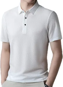 Premium men's white textured short sleeve polo shirt with classic collar and buttons