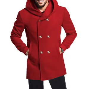 Detailed view of a men's slim fit red hooded pea coat with double-breasted button design.