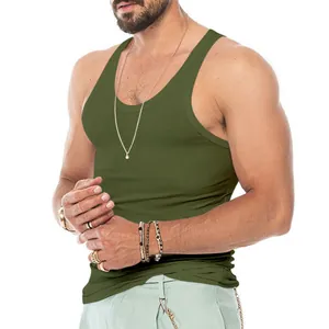 Macro detail showing the olive green slim fit men's athletic tank top with stretch fabric