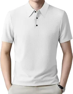 High quality detail shot of a men's white textured polo shirt featuring a classic buttoned collar