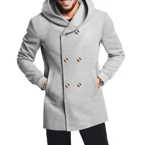 Close-up detail of a men's stylish slim-fit grey mid-length hooded trench coat jacket