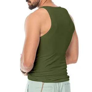 Side view of olive green slim fit men's athletic tank top in ribbed stretchy fabric