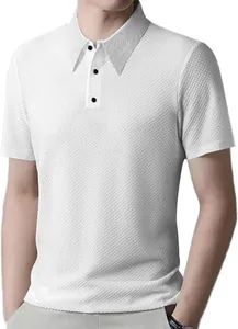 Detailed view of the textured waffle fabric on a white short-sleeved men's polo shirt