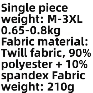 Men's sports suit material specs: 90% polyester, 10% spandex, 210g fabric weight details.