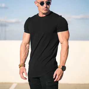 Premium muscle fit black men's fitness training t-shirt with stylish curved hem design