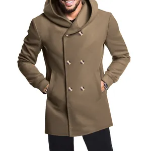 Close-up of men's slim fit hooded trench coat in khaki featuring a double-breasted design
