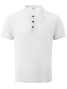 Macro view of white waffle knit polo shirt detailing the textured fabric and black buttons