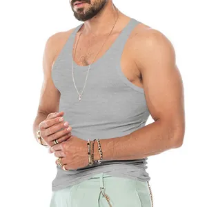 Close-up of a grey slim-fit sports tank top for men showing fabric texture and fit