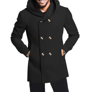 Close-up of men's slim fit black hooded trench coat with double-breasted design detail.