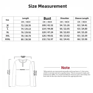 Guide des tailles pour t-shirt décontracté à manches longues pour hommes en cm et pouces