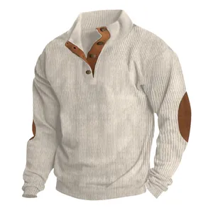 Men's cream corduroy long-sleeve sweatshirt with stand collar and brown elbow patches