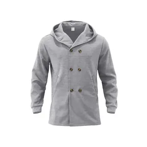 Men's slim fit hooded pea coat in grey with double-breasted buttons and side pockets