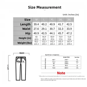Comprehensive size chart for men's casual sports trousers with measurement guide