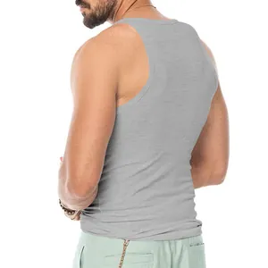 Back view detail of men's grey slim fit ribbed tank top for gym and casual wear