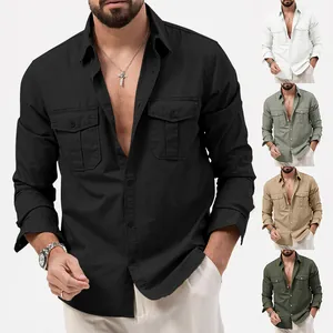 Camicia casual a maniche lunghe da uomo con tasche multiple e bottoni