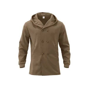 Detail view showing the double-breasted buttons and hood of the brown slim jacket