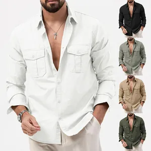 Camicia casual da uomo a maniche lunghe con doppie tasche sul petto in vari colori