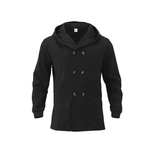 Front view of a men's black slim-fit hooded trench coat with double-breasted buttons