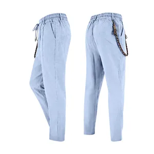 Détails du pantalon en lin bleu clair pour homme avec taille élastique et lanière tressée