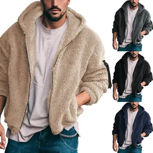 Casual men's winter plush fleece hooded jacket shown in four versatile color options