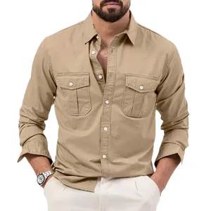 Camicia casual da uomo premium color cachi a maniche lunghe con taschini sul petto doppi