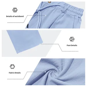 Détails de la taille, de l'ourlet et de la texture du tissu respirant du pantalon en lin bleu