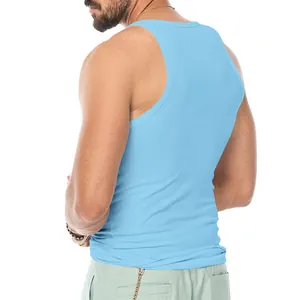 Back view of a light blue slim-fit men's athletic tank top in a stretchy fabric.