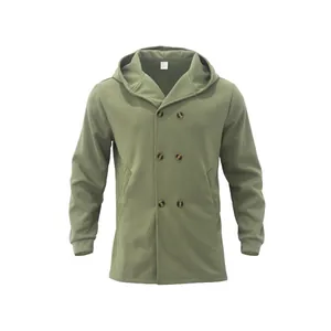 Close-up view of olive green hooded trench coat with double-breasted button details
