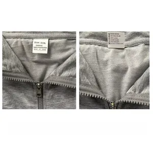 Detail of garment wash label showing 100% polyester fabric composition and care info.