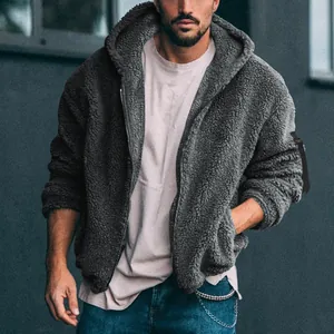 Close-up of men's gray sherpa fleece hooded jacket with street style streetwear look