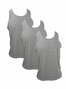 Detail view of three grey men's athletic tank tops showing fabric texture and cut