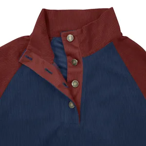 Detail view of men's corduroy sweatshirt with buttoned stand collar and raglan sleeves.