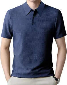 Detailed shot of a navy blue men's textured knit polo shirt featuring a classic three-button lapel