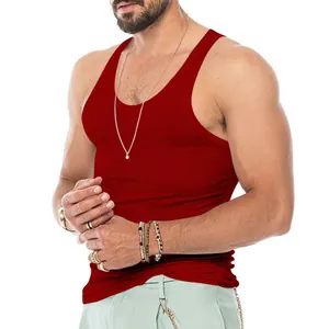 Detail shot of a men's red slim-fit stretch athletic tank top on a professional model