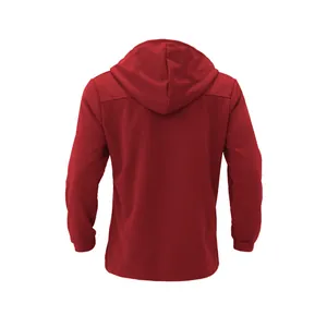 Back view of men's slim-fit mid-length hooded windbreaker in solid burgundy red
